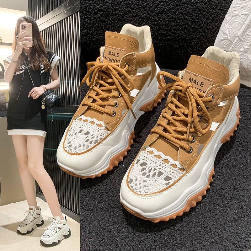 2025新款时尚休闲跑步鞋松糕底皮面镂空老爹鞋低帮系带复古运动鞋