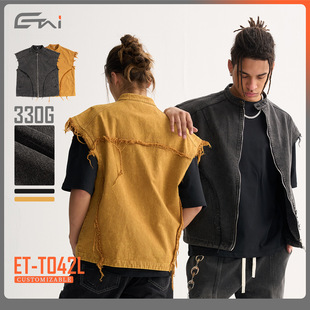 ETAI Men's Clothing | Torn seam stitching American retro distressed vest men's heavyweight pure cotton stand-up collar frayed edge washed vest