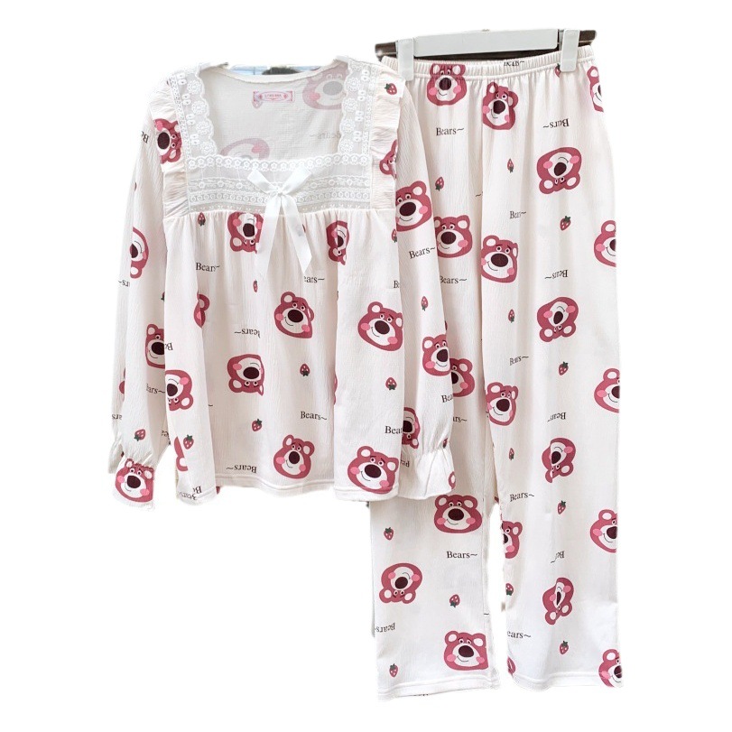 Oso de fresa primavera y otoño pijamas de algodón de manga larga pantalones de estilo de princesa dulce de las mujeres más el tamaño casual ropa para el hogar