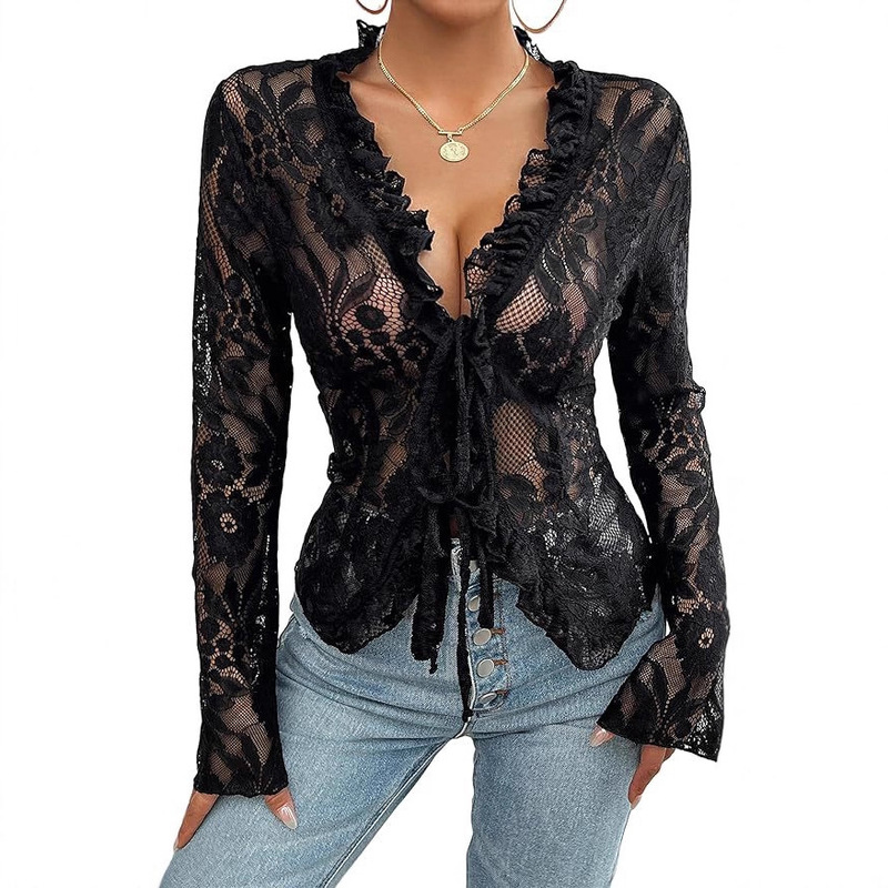 2026 Spring/Summer New Lace Shirt in Stock, Cross-Border Women's Elegant Lace Long-Sleeve Shirt with V-Neck and Tie
