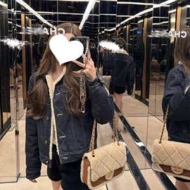 早安樊樊 原牛色明线加绒牛仔外套女冬复合仿羊羔毛加厚保暖上衣