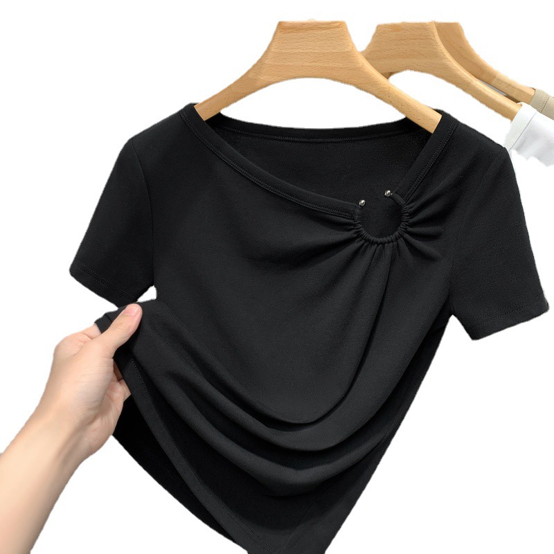 Camiseta de manga corta para mujer verano 2023 nueva camiseta de color sólido con cuello en V de estilo francés para mujer