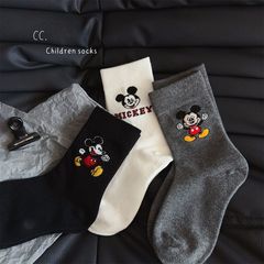 儿童袜子春秋新款米奇潮袜男童百搭黑白灰中筒袜女童可爱卡通棉袜