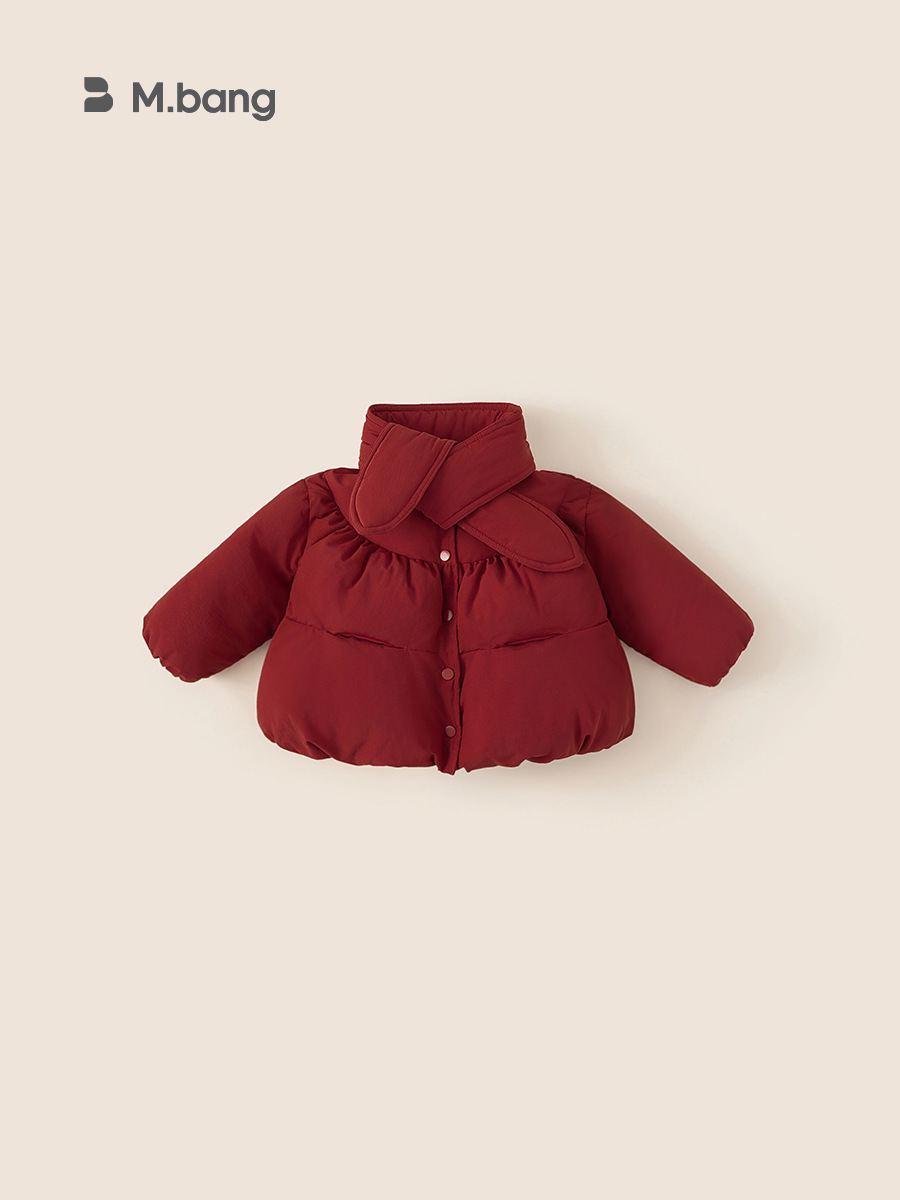 Youbao ropa para niños, chaqueta acolchada para niñas, bufanda de estilo occidental, chaqueta acolchada de algodón, invierno rojo, año nuevo, abrigo cálido y grueso de terciopelo para niños