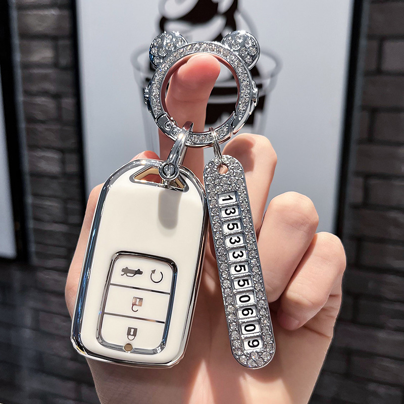 BT 키 유형 E - 스마트 4버튼 [싱글 쉘 화이트] + 실버 우주 비행사 다이아몬드 버클 + 실버 번호판