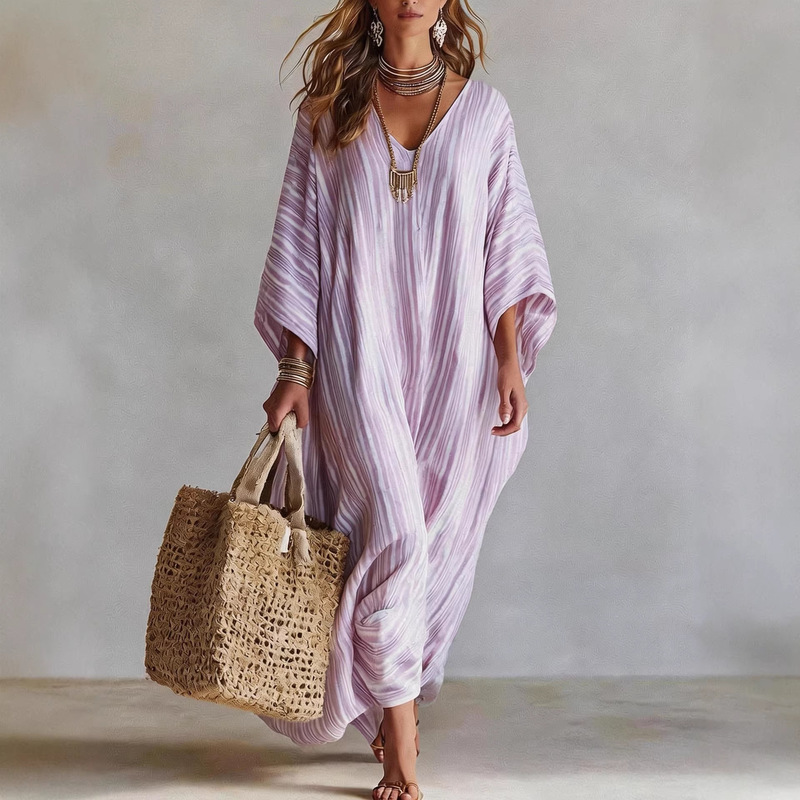 2026 Summer New Style Foreign Trade Amazon European and American Cross-Border Loose Slimming V-Neck Five-Sleeve Kaftan Long-Sleeve Women's Dress 2026 Summer New Style Foreign Trade Amazon European and American Cross-Border Loose Slimming V-Neck Five-Sleeve Kaftan Long-Sleeve Women's Dress