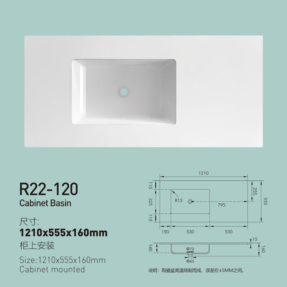 Lavabo de borde fino brillante, lavabo individual, lavabo integrado de cerámica, lavabo con sensación de piel, las esquinas del lavabo sobre encimera del baño se pueden cortar