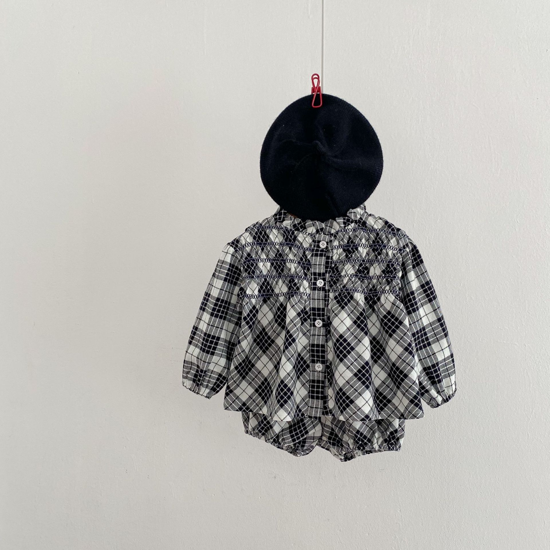 2024 Herbst/Winter Neue Baumwolle Weibliche Baby Karierten Langarm Top Strickjacke + Hose zweiteiliges Set_voghion.com