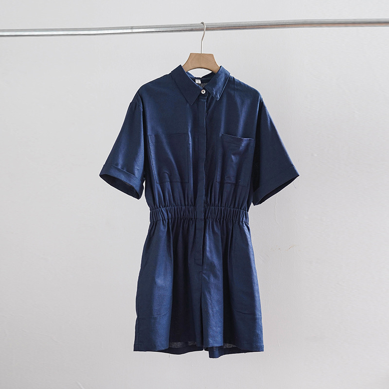 Mono de lino puro para mujer, diseño de nicho, solapa, pantalones rectos de algodón y lino de manga corta, pantalones casuales sueltos y delgados