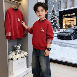 男童加绒红色本命年卫衣秋冬儿童新年拜年服上衣中大童国风新款潮