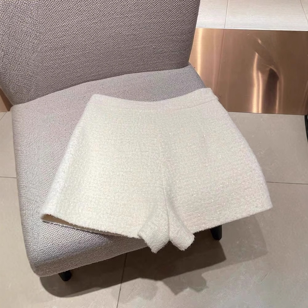 ウールスモールフレグランススタイルショーツレディース2025秋冬ハイウエストワイドレッグパンツホワイトスパンコールツイードカジュアルショーツ