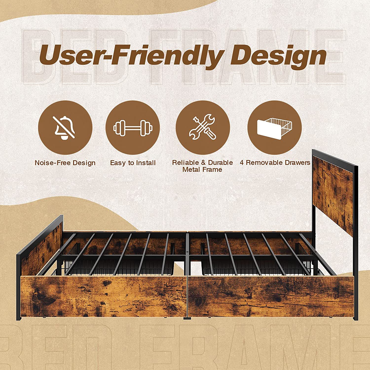 Modern simplicity large bed rack with bedside board and 4 drawers