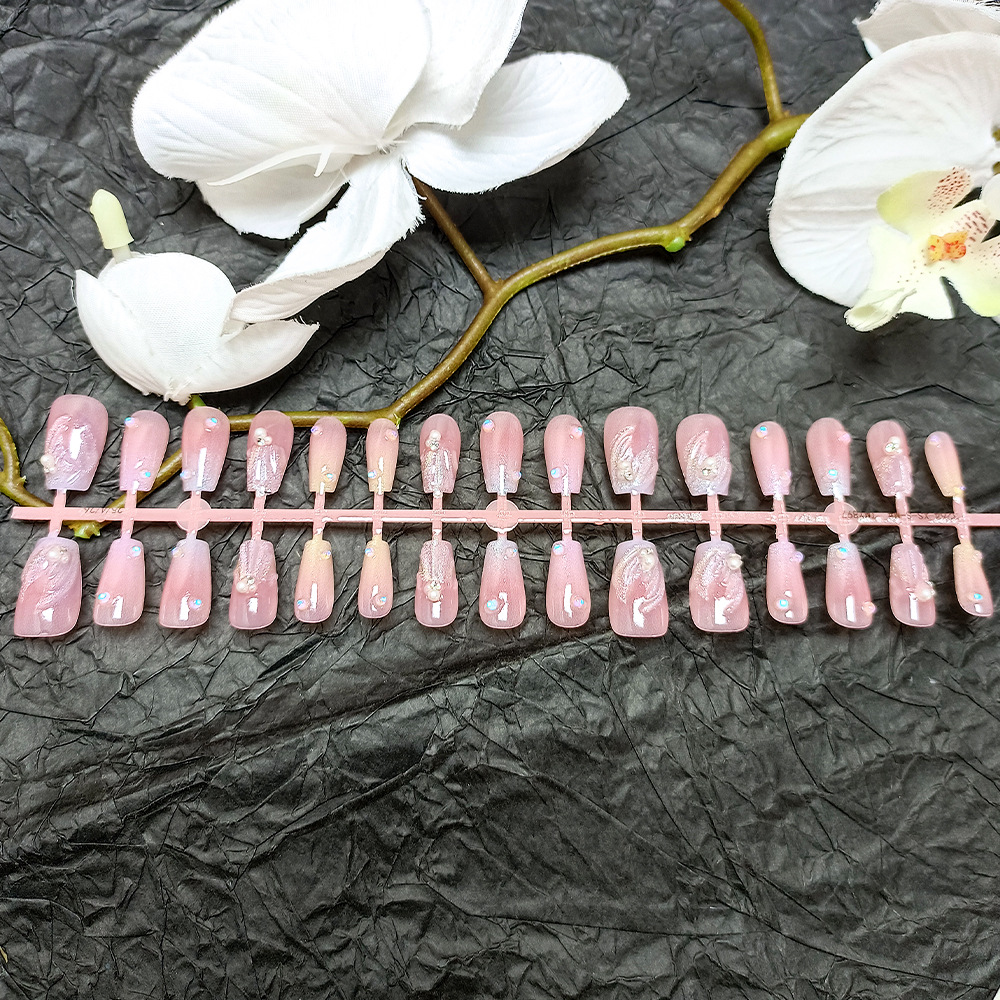 Perlas y diamantes, uñas hechas a mano, uñas, ojos de gato de viento lindo, uñas postizas, 30 piezas, uñas prefabricadas