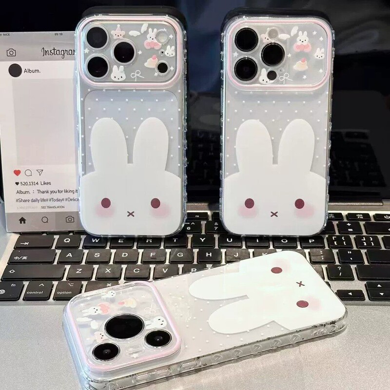 Cute big-faced rabbit phone case suitable for Apple 17 Pro Max, transparent side with heart design, for Huawei, Xiaomi 15, Vivo Cute big-faced rabbit phone case suitable for Apple 17 Pro Max, transparent side with heart design, for Huawei, Xiaomi 15, Vivo
