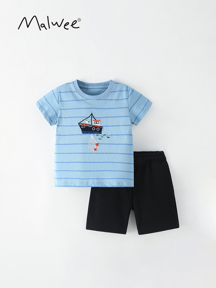 Malwee traje para niños verano nuevo top a rayas pantalones de cintura elástica traje de dos piezas casual para niños europeos y americanos