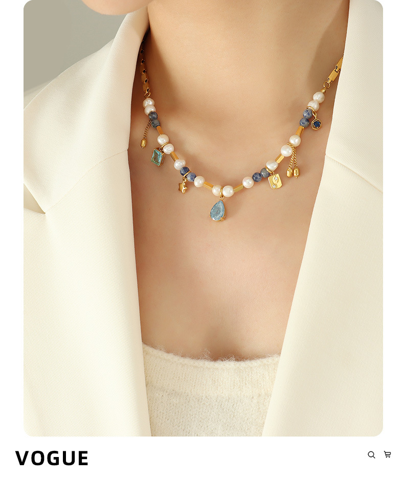 Retro Square Water Droplets natural stone Pearl Titanium Steel Inlay Glass Stone Necklace 1 Piece