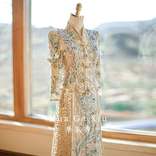 Light-Colored Bridal Xiuhe Suit 2025 New Wedding Dress Blue Heavy Luxury New Chinese Style Toast Dress Slimming