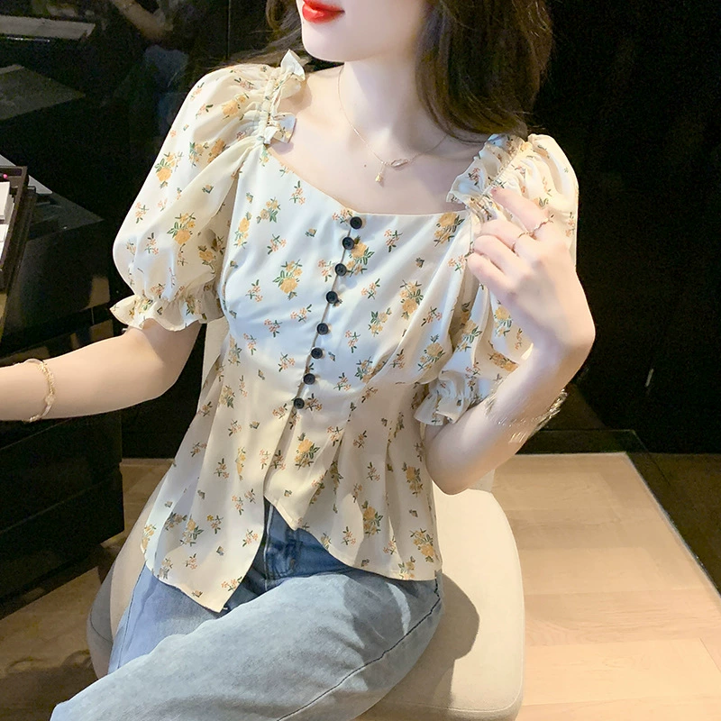 Французский vv-образный воротник нерегулярный цветочный рубашка женский 2024 летний новый дизайн чувство нишевые шифоновые рубашки с короткими рукавами