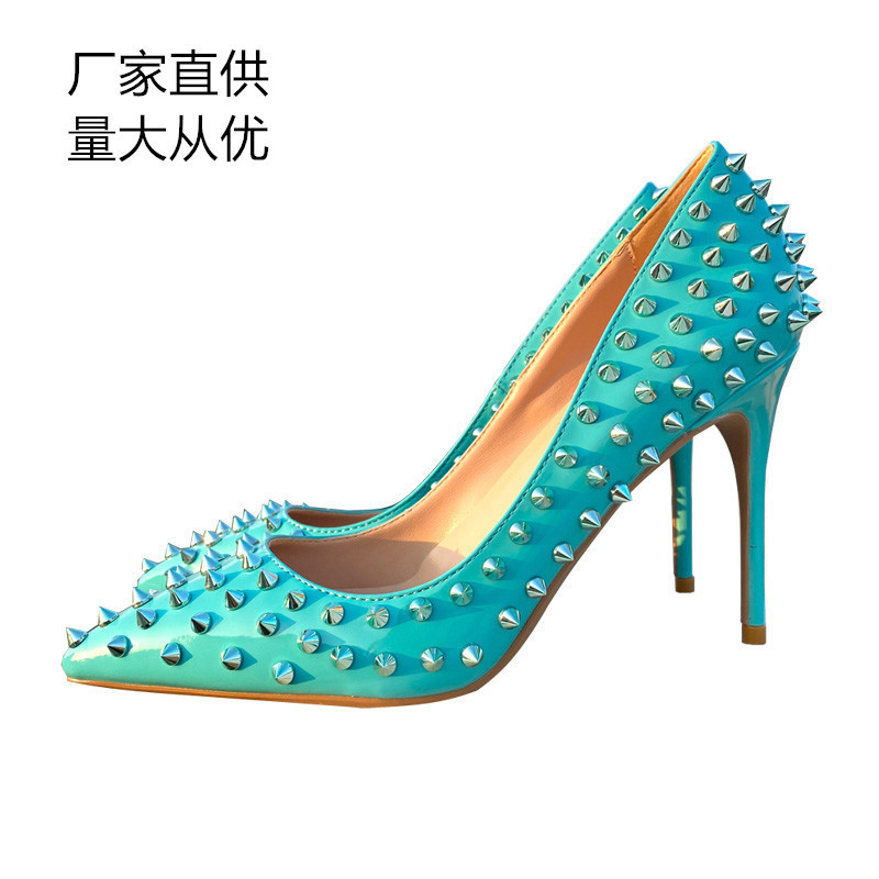 Cross-border foreign trade wholesale 2022 early spring rivet high heels women's stiletto heel 10CM sexy shallow mouth single-layer shoes rivet shoes