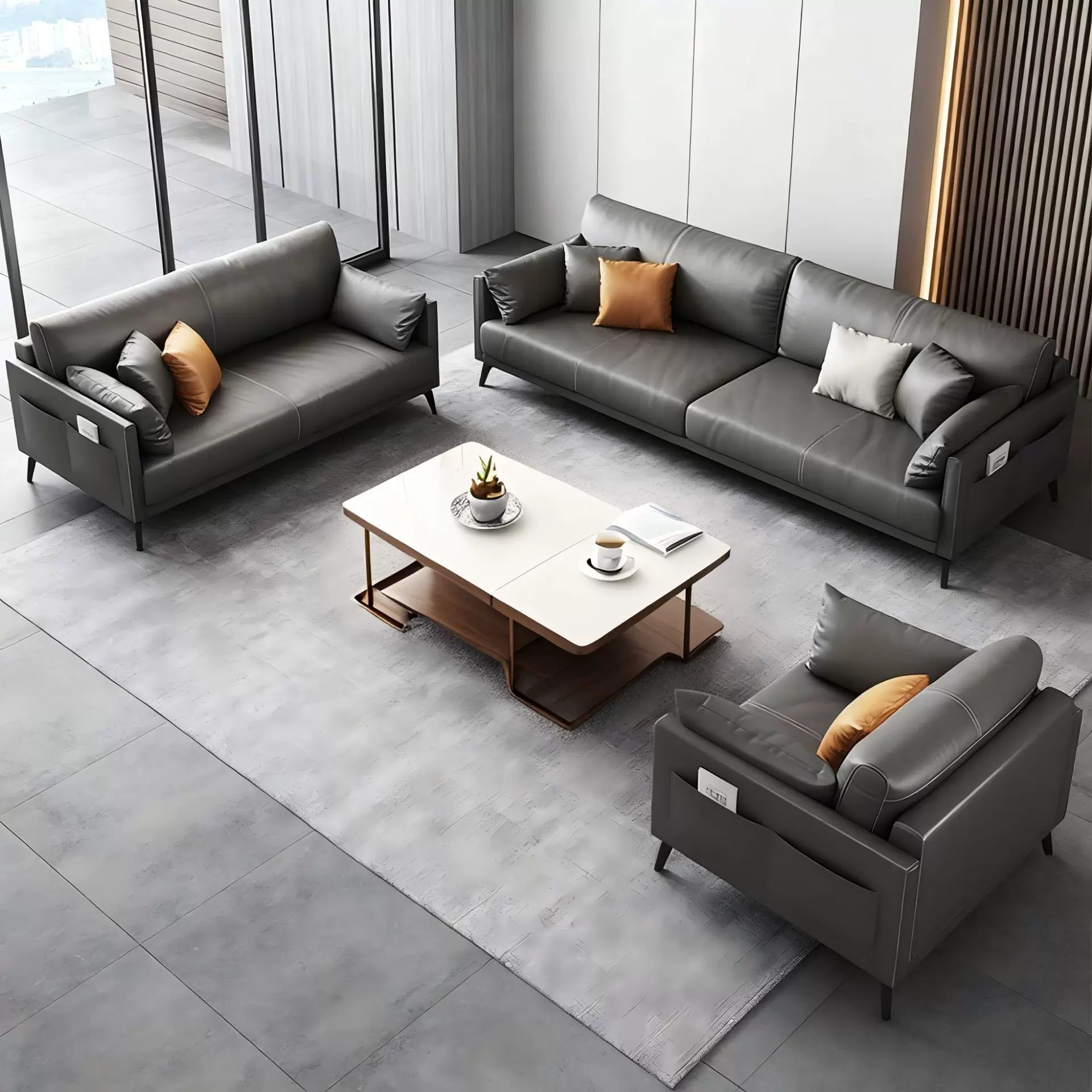 办公沙发茶几组合商务休息接待会客小型公寓现代简约办公室皮沙发