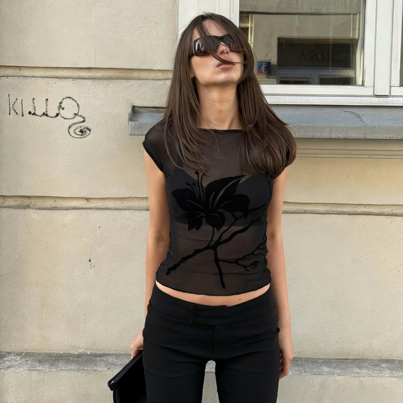 Sexy Velvet Floral Print Transparent Mesh T-Shirt, Fashionable Slim-Fit Figure-Flattering Party Wear, Hot Girl Cover-Up Top