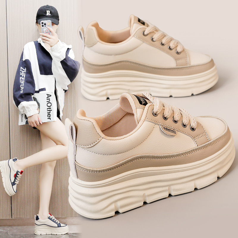 W3672 New Color-Blocked Women's Shoes 2024 Summer and Autumn Season, Height-Increasing Thick-Soled Student Sneakers, Wear-Resistant, Versatile, Breathable Board Shoes