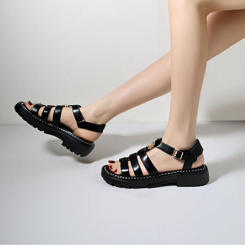 [Celebrity Same Style] твидовые ретро тканые металлические пряжки, спортивные римские сандалии на толстой подошве для отдыха для женщин, лето