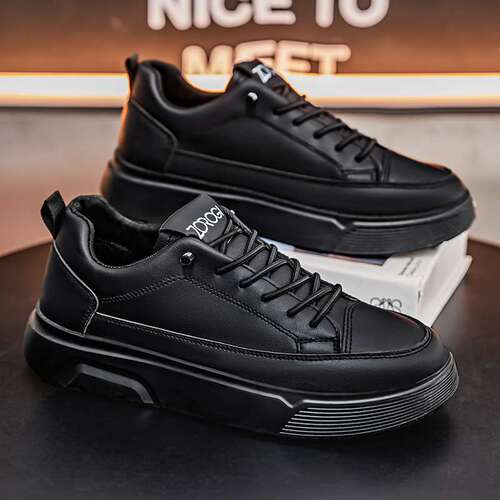 Men's all-season slip-on black leather shoes, versatile casual sports shoes, thick sole, height increasing, waterproof men's board shoes