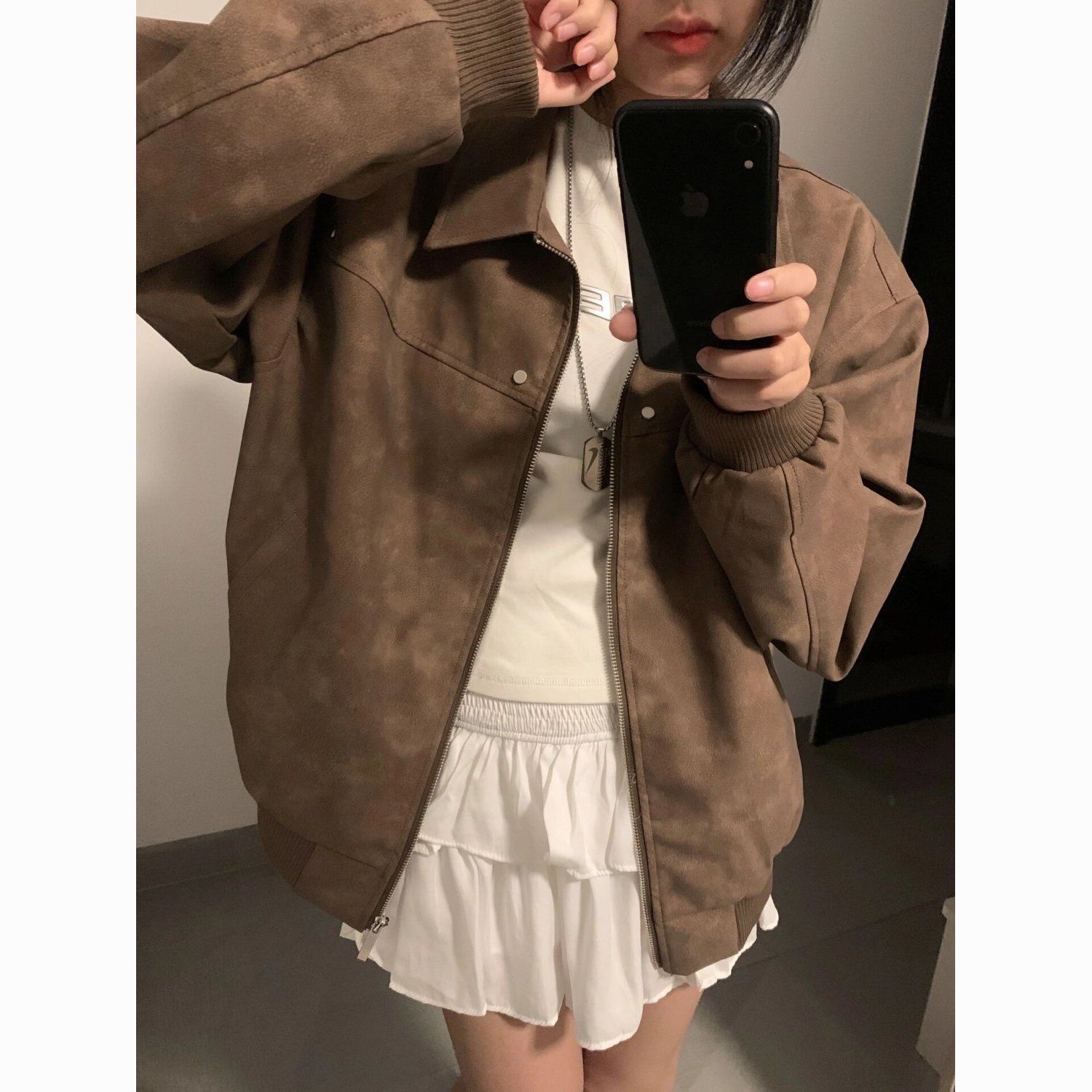 美式复古情侣装棕色棒球服外套2025新款秋冬PU皮宽松高级感开衫女