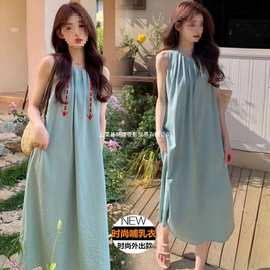 2024哺乳衣外出辣妈款夏季新款复古设计感宽松百搭喂奶连衣裙遮肚