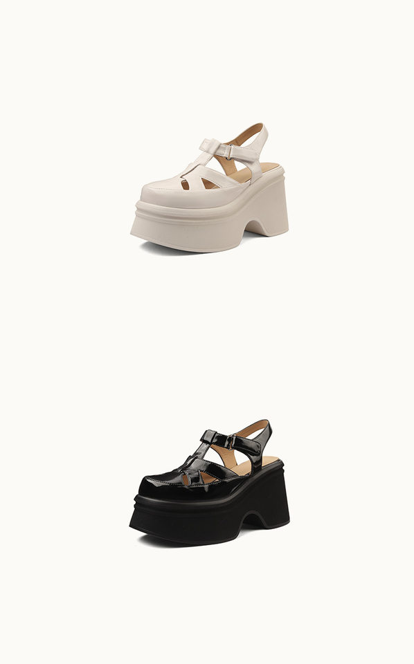 Sandal cao gót nữ 10 cm quai ngang mũi hở đế platform da bóng — Màu đen, Màu trắng be chi tiết 9
