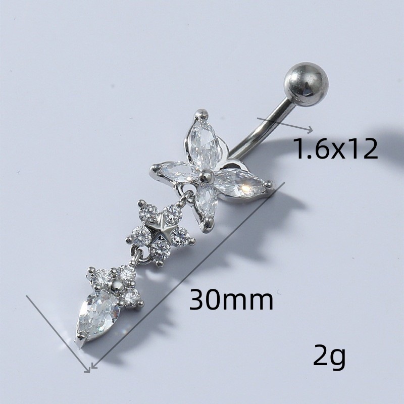 Butterfly Flower Water Drop Zircon Pendant Navel Ring Belly Button Ring Gold Copper Body Piercing Jewelry detail image 7