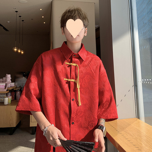 Chinese-style summer embroidered ice silk half-sleeve lapel-fastener collared shirt for men, modified Tang suit-style loose plus-size outerwear shirt