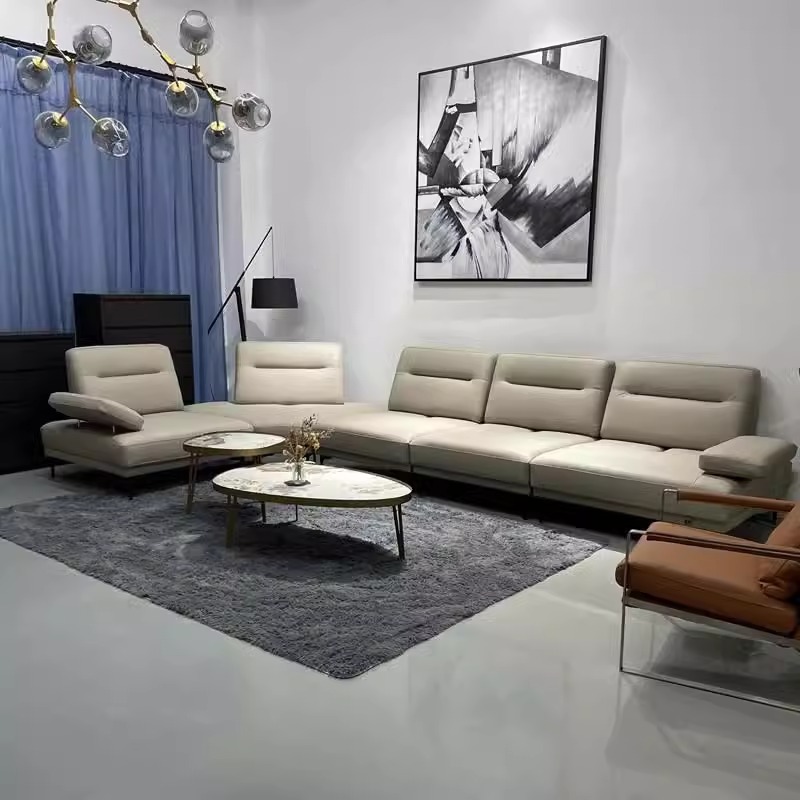 Moderno sofá de cuero minimalista italiano sala de estar tamaño de casa cabeza de cuero ajustable sofá de respaldo combinación image 6