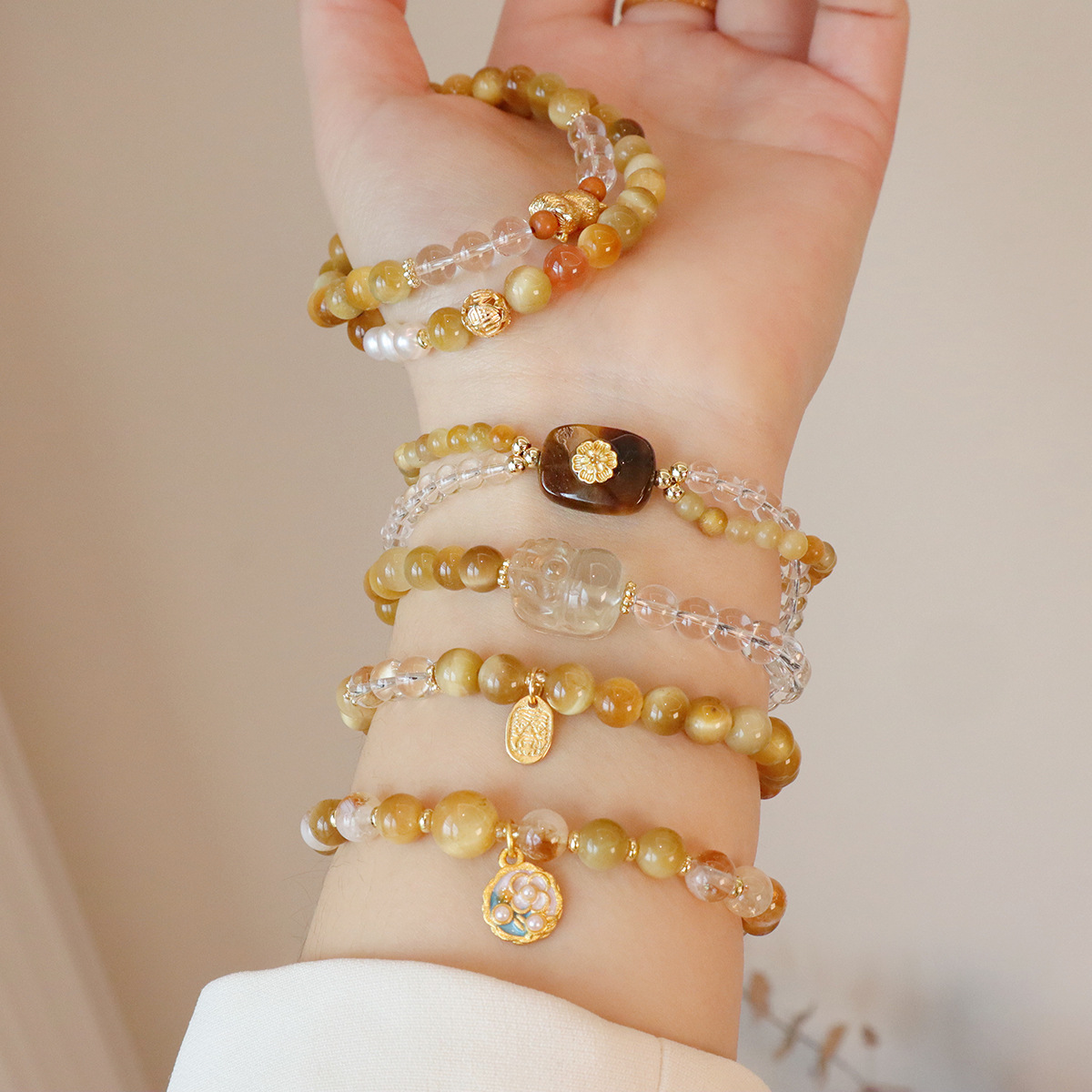 natural gold tiger-eye bracelet white crystal beaded bracelet crystal new chinese style citrine gold ornament