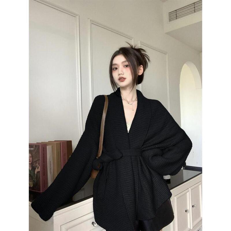 大码法式感V领开衫外套女春秋时尚慵懒风收腰绑带厚实针织衫上衣|undefined