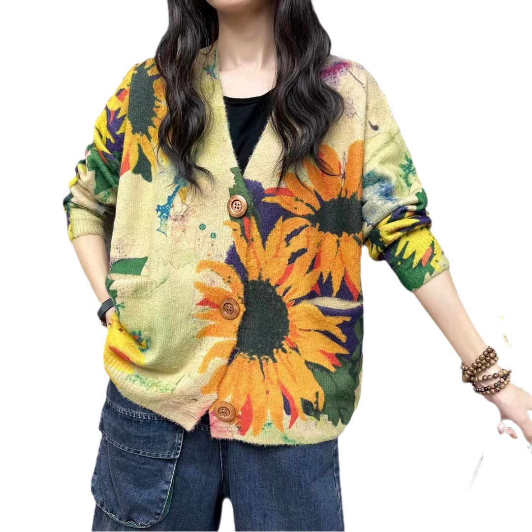 Женский свитер из меха норки в этническом стиле, осень/зима 2025, новый кардиган с принтом тай-дай в виде подсолнухов, вязаный топ для женщин, оптом.