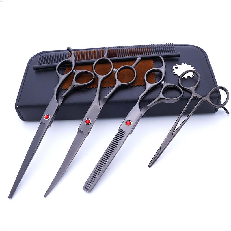 Fabricante de juegos de tijeras para mascotas, tijeras de peluquería canina al por mayor de 7 pulgadas, suministros morados para perros.