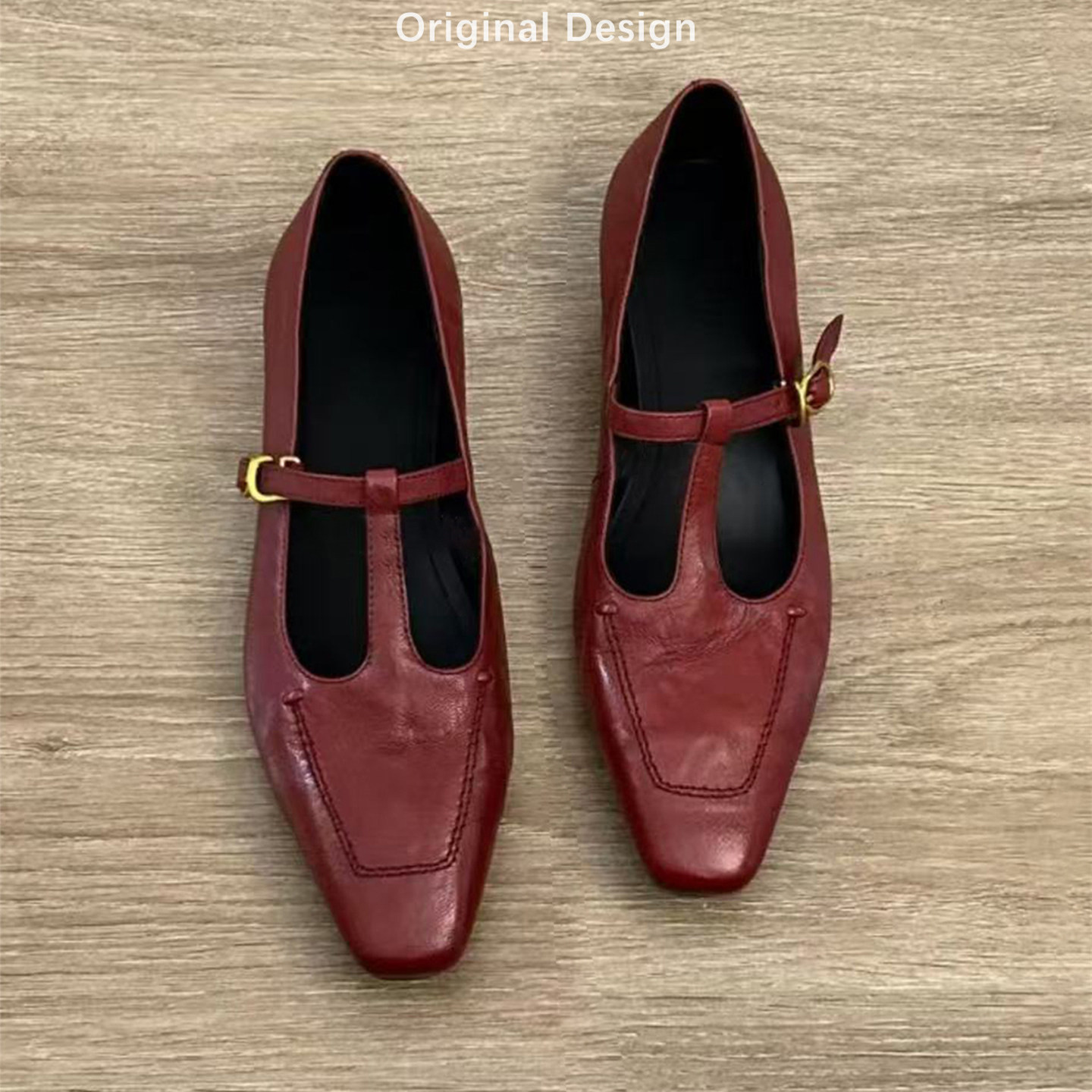 Leather retro universal Mary Jane shoes low-cut English style for work and office, wide stable heel, British style, adjustable strap