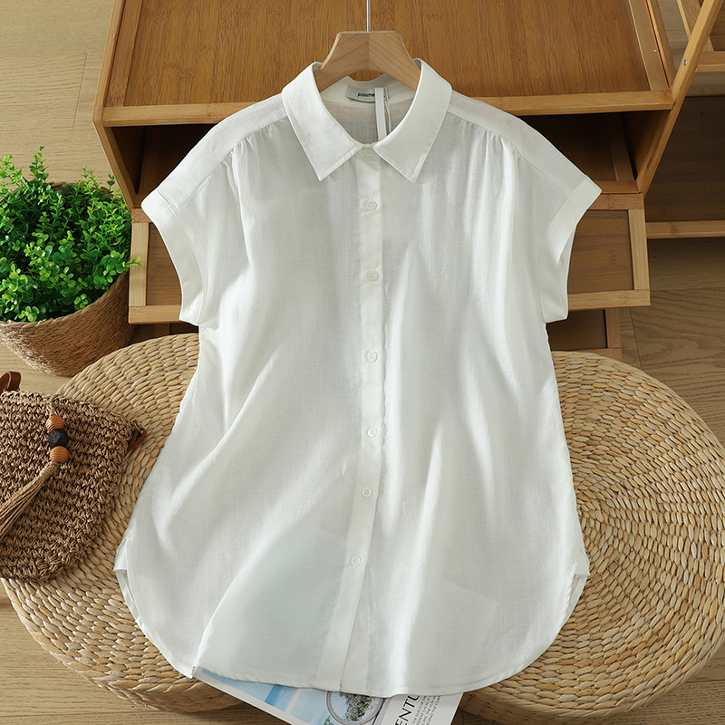 Real Shot of 2026 New Model Lyocell Linen Short-Sleeve Shirt for Women, Elegant Short-Sleeve Blouse with a Relaxed Fit and Small Flutter Sleeves