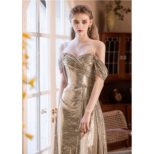One-shoulder Evening Dress Women's 2025 New Golden Bridal Engagement Dress Toasting Suit High-class Feeling Banquet Host