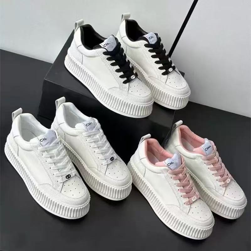 Tweed Style Biscuit Shoes for Women 2025 New Genuine Leather Platform Thick-Soled White Shoes Heightening Lace-Up Casual Sports Sneakers