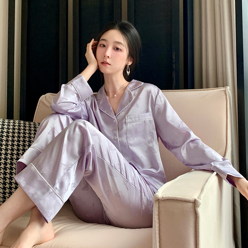 25新款福蝶睡衣蝴蝶提花丝光缎长袖长裤女士家居服两件套一件代发