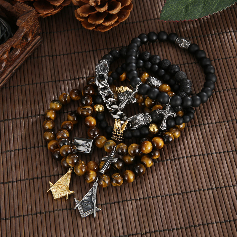 304 Stainless Steel Pendant Material Casual Punk Cross Crown Natural Stone Agate 18K Gold Plated Vacuum Plating Men's Bracelets Men Beaded Bracelets