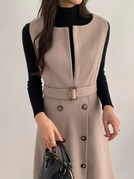 Vestido largo de lana sin mangas con doble botonadura y lazo en la cintura, estilo nuevo de otoño e invierno 2024, japonés y coreano image 3