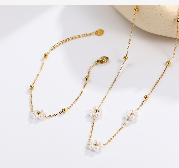 Elegant Flower Titanium Steel Pearl Plating Bracelets Necklace 1 Piece