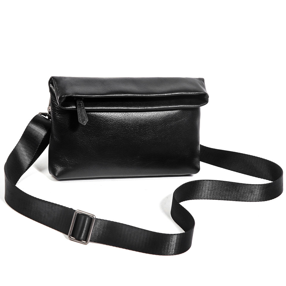 Túi đeo chéo nam da bò thật Malute mềm mại, kiêm túi clutch cầm tay, chống thấm nước — Màu đen