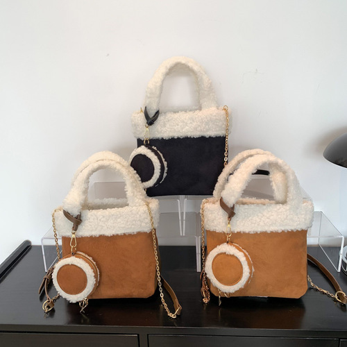 Ins Internet celebrity lamb wool suede handbag women's high-end plush bucket bag versatile single shoulder crossbody bag
