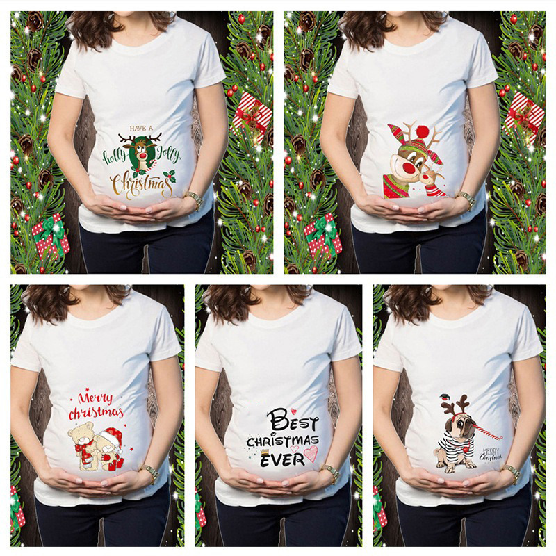 Short Sleeve Christmas T-shirt Christmas elk snowman cartoon printed maternity dress short sleeve T-shirt