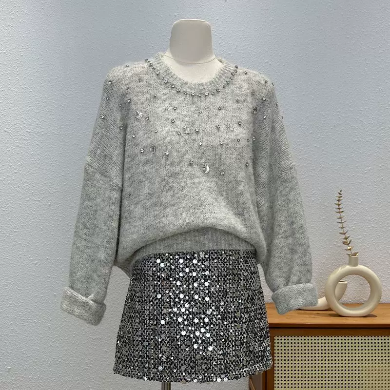 设计感重工烫钻长袖毛衣女秋冬时尚宽松显瘦针织衫别致慵懒风上衣
